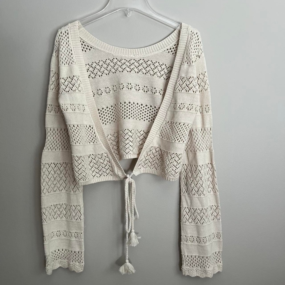 Aerie Knit Crochet Cardigan Cropped Tie Front Bell Sleeve Small Boho